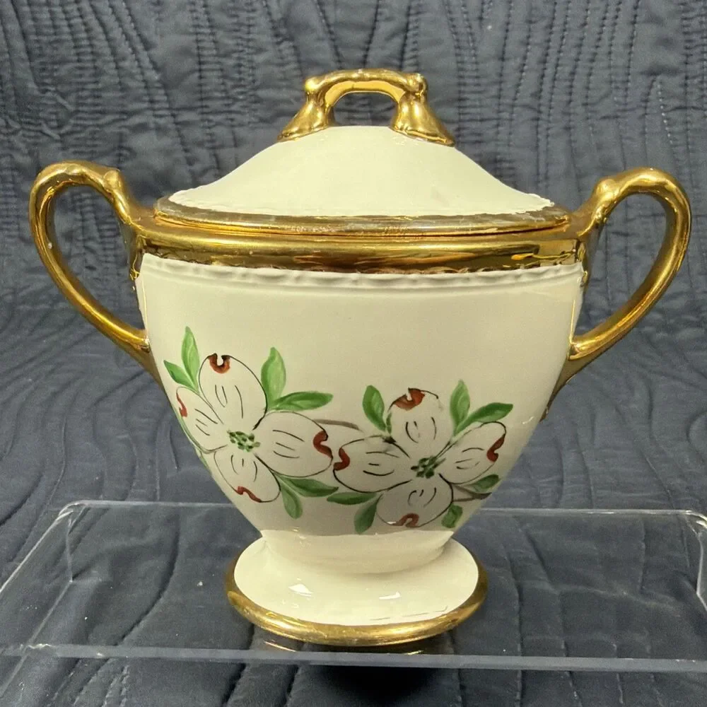 Vintage Porcelain Covered Sugar Bowl Dogwood Flowers Gold Trim Handles Lid